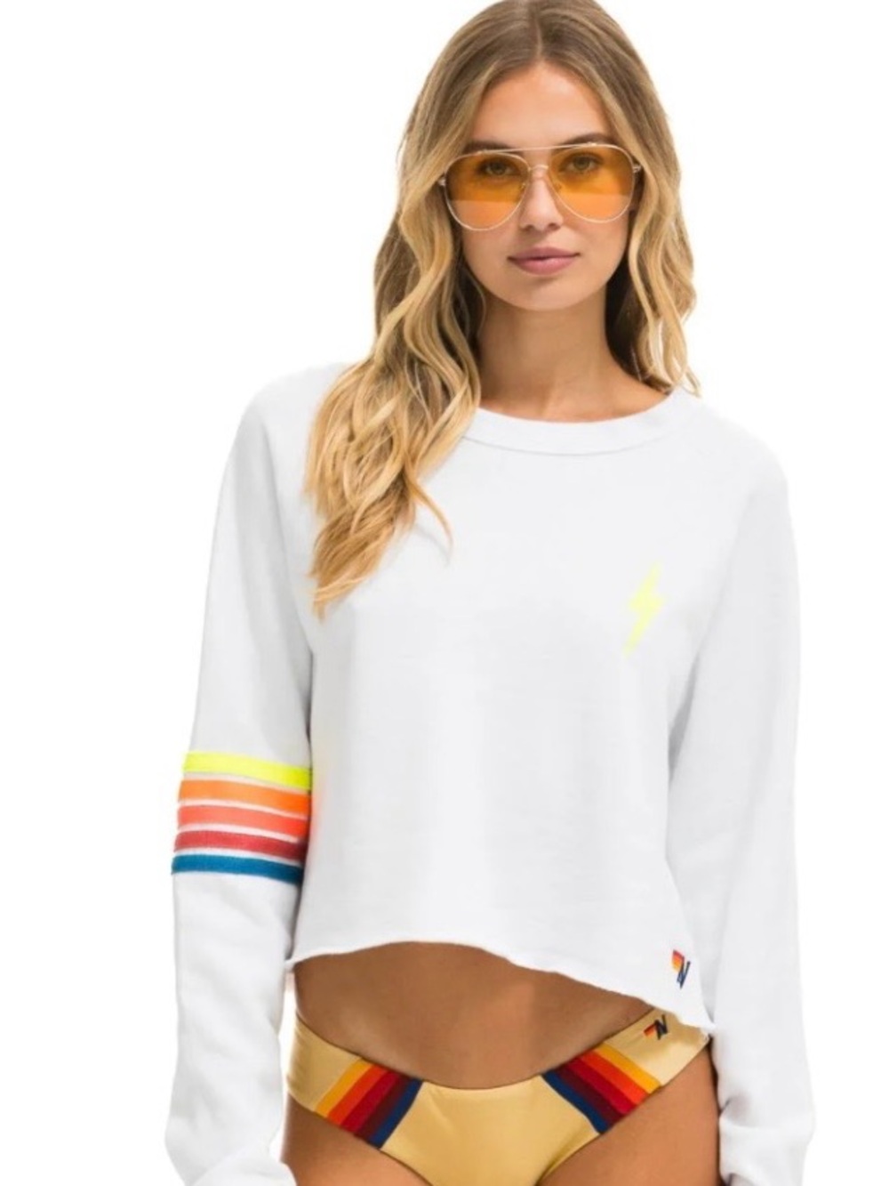 Aviator Nation White Cropped Pullover Sweatshirt with Neon Stripe Detail